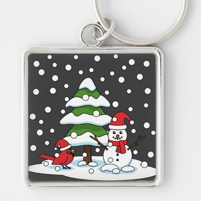 Snow Falling on Cardinal, Snowman and Pine Tree Key Ring (Front)