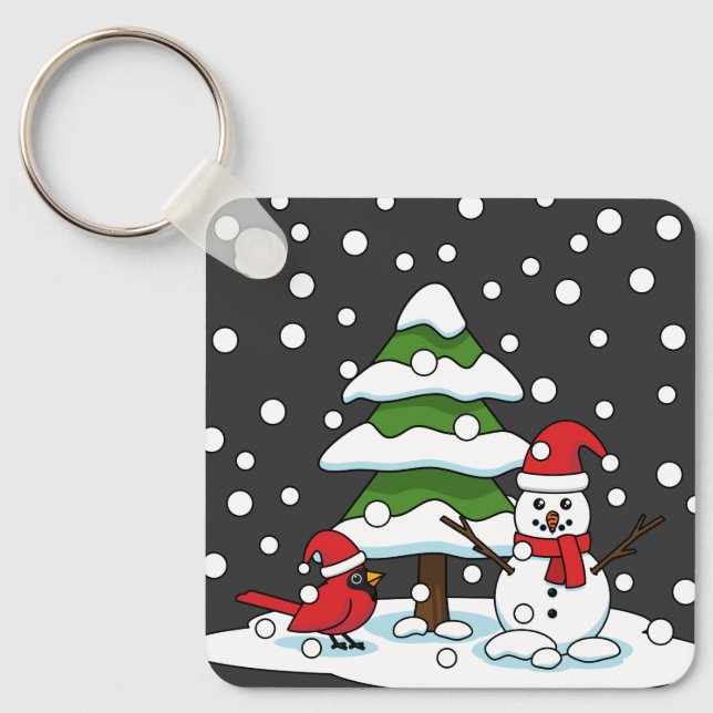 Snow Falling on Cardinal, Snowman and Pine Tree Key Ring (Front)