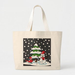 Snow Falling on Cardinal, Snowman and Pine Tree Large Tote Bag