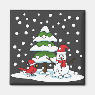 Snow Falling on Cardinal, Snowman and Pine Tree Magnet