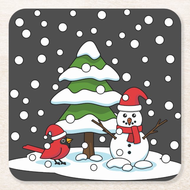 Snow Falling on Cardinal, Snowman and Pine Tree Square Paper Coaster (Front)