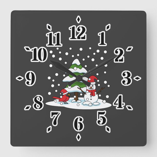 Snow Falling on Cardinal, Snowman and Pine Tree Square Wall Clock (Front)
