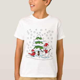 Snow Falling on Cardinal, Snowman and Pine Tree T-Shirt