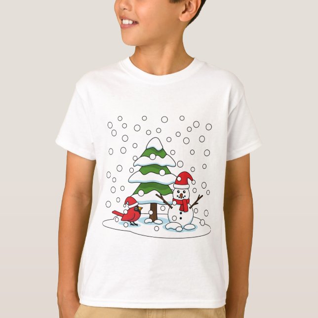 Snow Falling on Cardinal, Snowman and Pine Tree T-Shirt (Front)