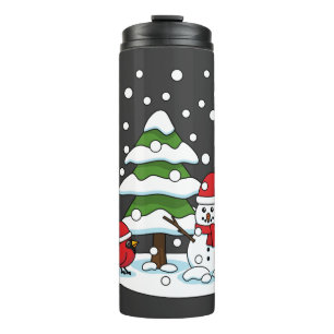 Snow Falling on Cardinal, Snowman and Pine Tree Thermal Tumbler