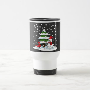 Snow Falling on Cardinal, Snowman and Pine Tree Travel Mug