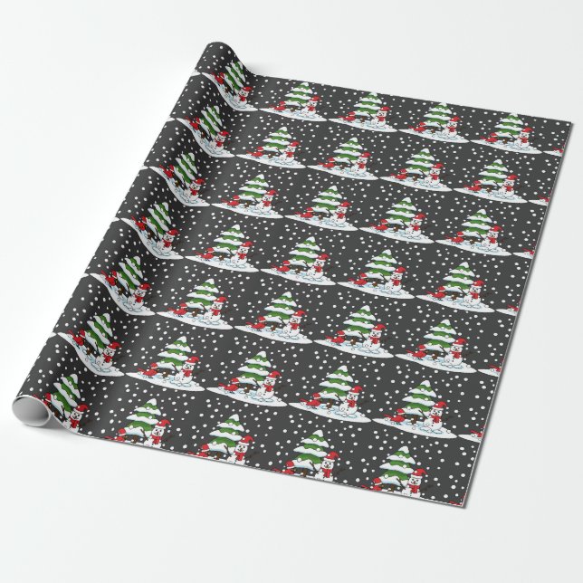 Snow Falling on Cardinal, Snowman and Pine Tree Wrapping Paper (Unrolled)
