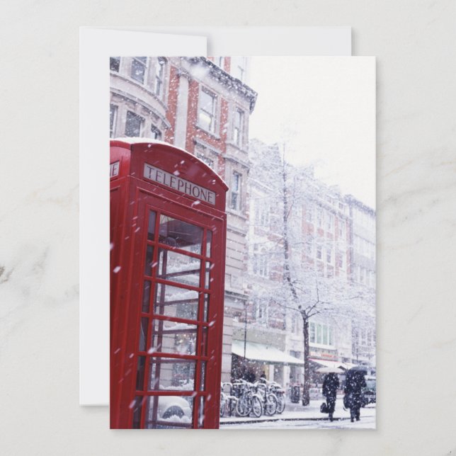 Snow Falling on Red Telephone Box Holiday Card (Front)