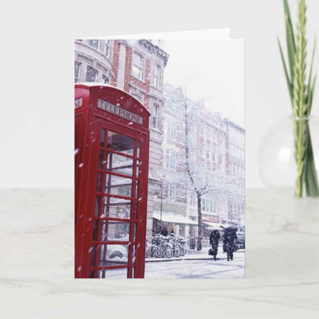 Snow Falling on Red Telephone Box Holiday Card (Front)