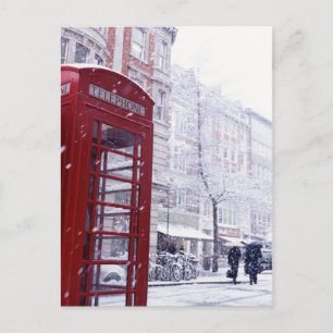 Snow Falling on Red Telephone Box Holiday Postcard