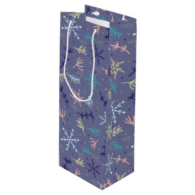 Snow Falling Snowflakes Pine Boughs Blowing Wine Gift Bag (Front Angled)