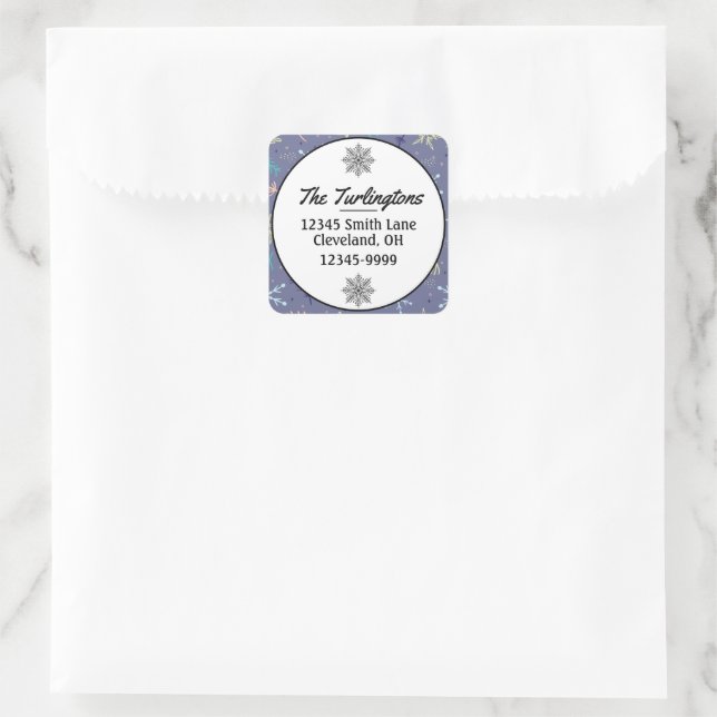 Snow Falling Snowflakes Pine Boughs Return Address Square Sticker (Bag)