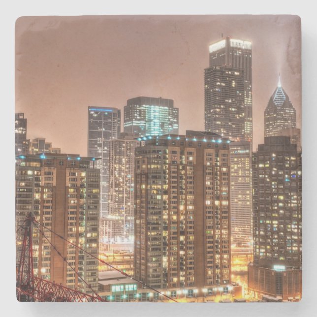 Snow falls over skyline at evening in Chicago Stone Coaster (Front)