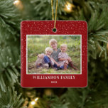 Snow Family Photo Keepsake Red Christmas Ceramic Ornament<br><div class="desc">This square Christmas ornament features a horizontal photo on a red background accented with small dots to represent snow. Personalise this family ornament with your name and year.</div>