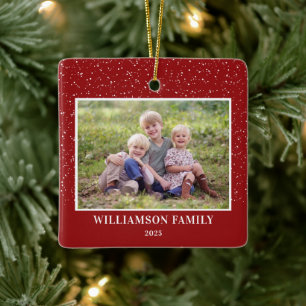 Snow Family Photo Keepsake Red Christmas Ceramic Ornament