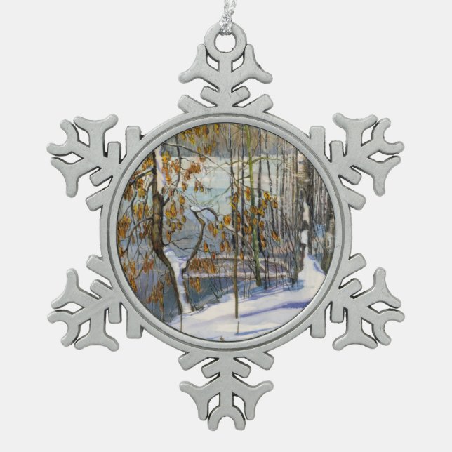 Snow fell snowflake pewter christmas ornament (Front)