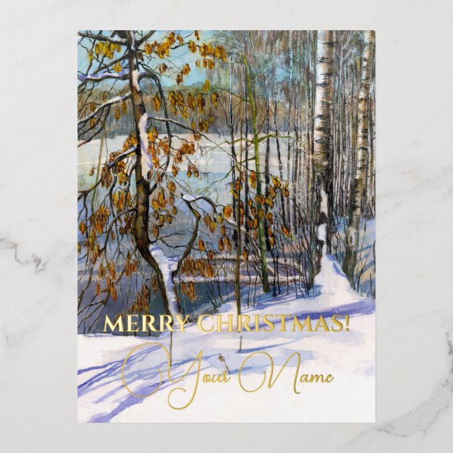 Snow fell Watercolor  Foil Holiday Postcard (Front)