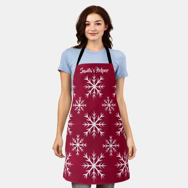 snow flake pattern-  North Pole design, cranberry Apron (Worn)