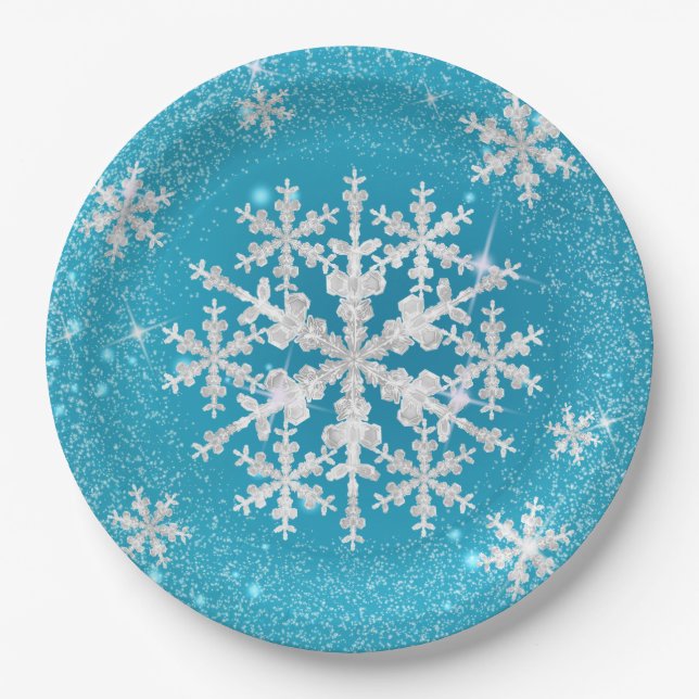 Snow Flakes Aqua White  Paper Plate (Front)