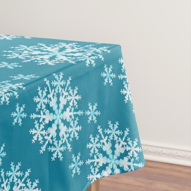 Snow Flakes Aqua White Tablecloth (In Situ)