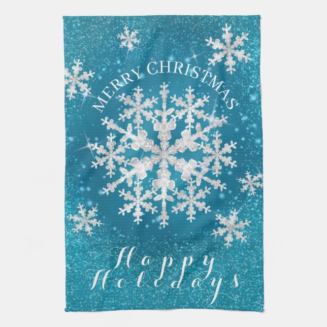 Snow Flakes Aqua White Tea Towel (Vertical)