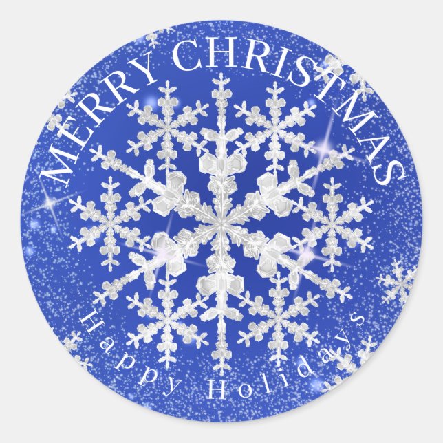 Snow Flakes Blue White  Classic Round Sticker (Front)