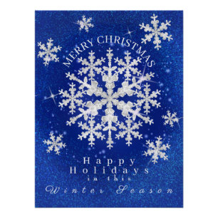 Snow Flakes Blue White Glossy Poster