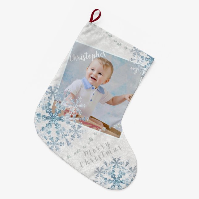 Snow Flakes Grey White Large Christmas Stocking (Front (Hanging))