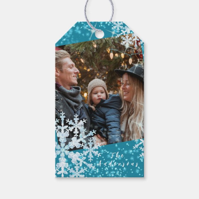 Snow Flakes Photo Aqua Gift Tags (Front)