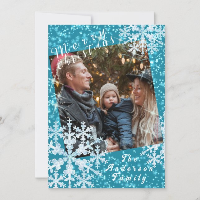Snow Flakes Photo Aqua Holiday Card (Front)