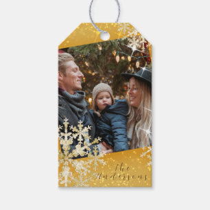 Snow Flakes Photo Gold Gift Tags