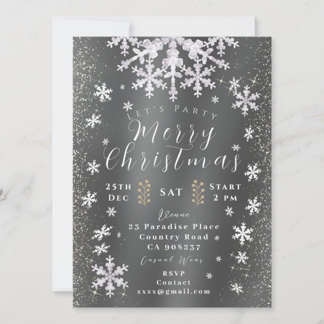 Snow Flakes Photo Silver Invitation Card (Front)