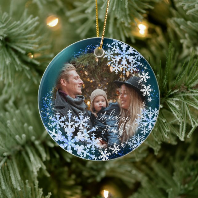 Snow Flakes Photo Turquoise Ceramic Tree Decoration (Tree)
