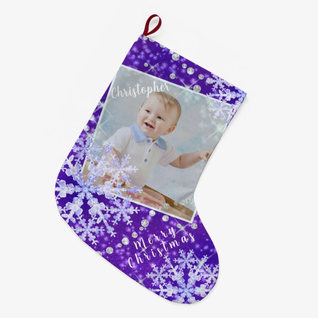Snow Flakes Purple Large Christmas Stocking (Front (Hanging))