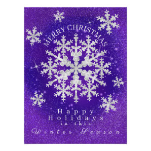 Snow Flakes Purple White Glossy Poster