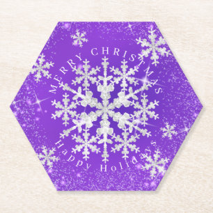 Snow Flakes Purple White Paper Coaster