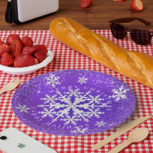 Snow Flakes Purple White Paper Plate