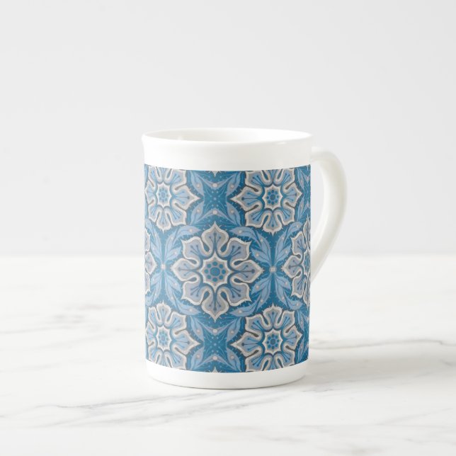 Snow flower, floral pattern, blue & grey snowflake bone china mug (Front Right)