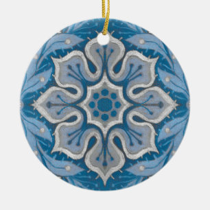 Snow flower, floral pattern, blue & grey snowflake ceramic tree decoration