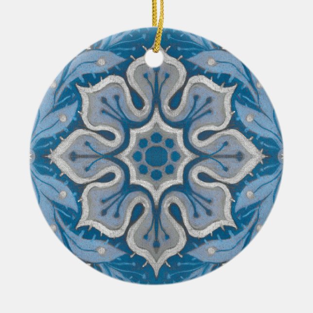 Snow flower, floral pattern, blue & grey snowflake ceramic tree decoration (Front)
