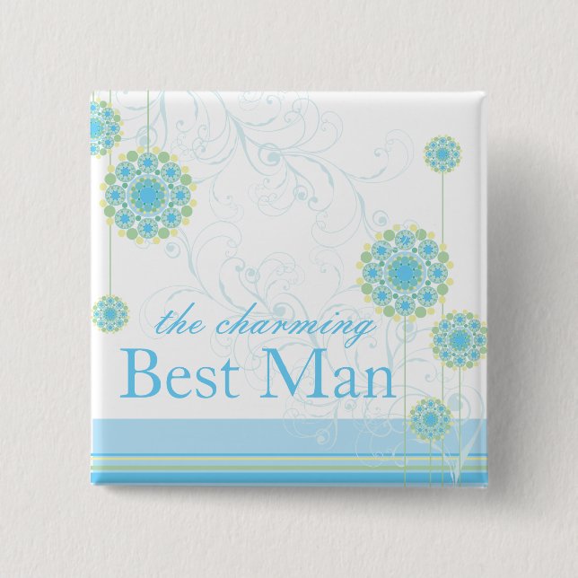 Snow Flower Swirls Blue Best Man Custom Button (Front)