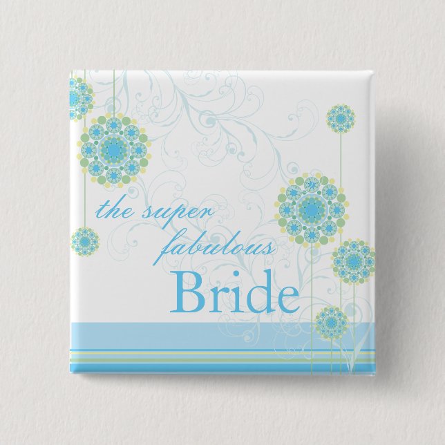 Snow Flower Swirls Blue Bride Custom Button (Front)