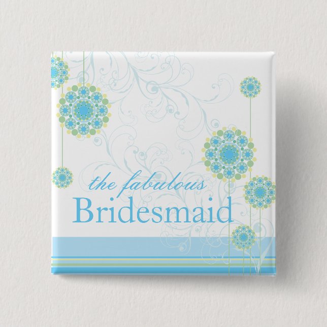 Snow Flower Swirls Blue Bridesmaid Custom Button (Front)
