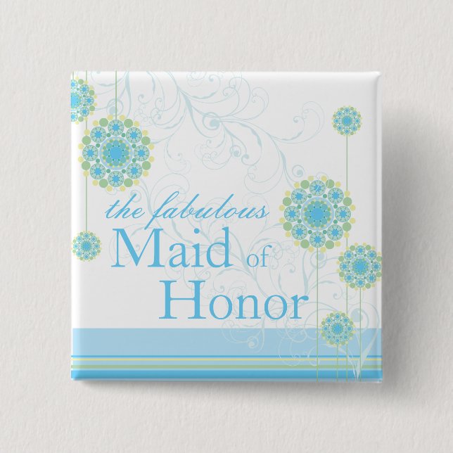 Snow Flower Swirls Blue Maid of Honour Button (Front)