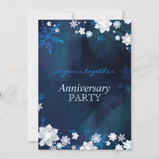 Snow Flowers Blue Winter Wedding Anniversary Invitation (Front)
