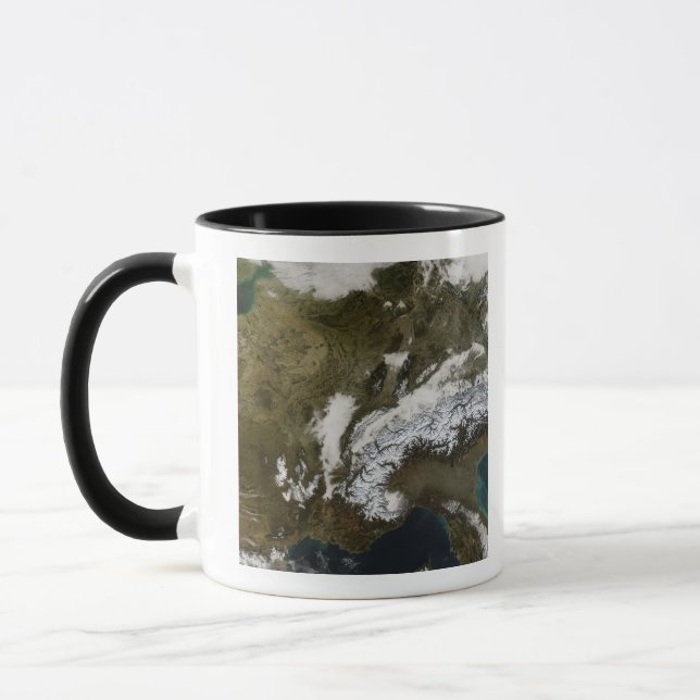 Snow, fog, and low clouds in western Europe Mug (Left)