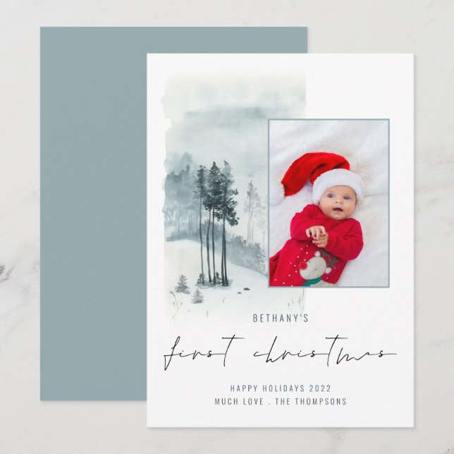 Snow Forest Photo Baby 1st Christmas Holiday Card (Front/Back)