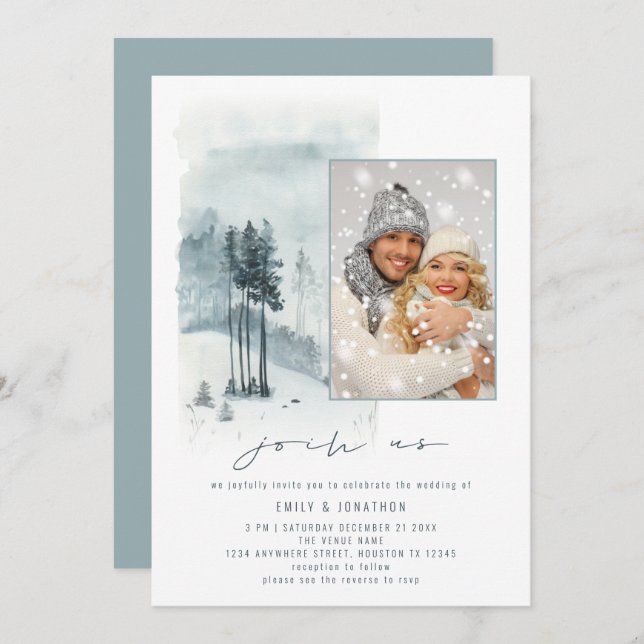 Snow Forest Photo Join Us QR Code Blue Wedding Invitation (Front/Back)