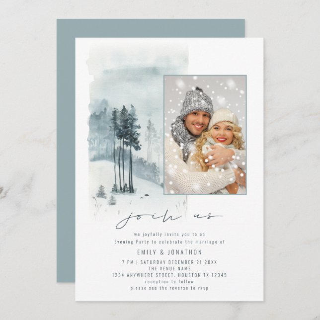 Snow Forest Photo Join Us QR Evening Party Wedding Invitation (Front/Back)