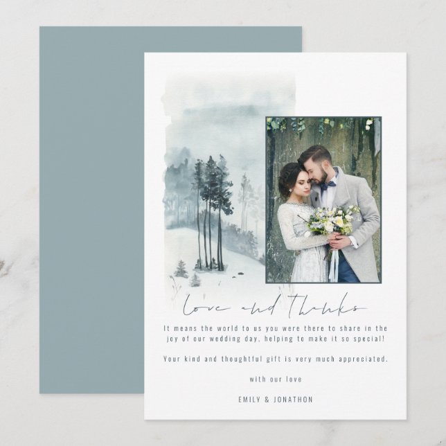 Snow Forest Wedding Photo Love and Thanks Thank You Card (Front/Back)